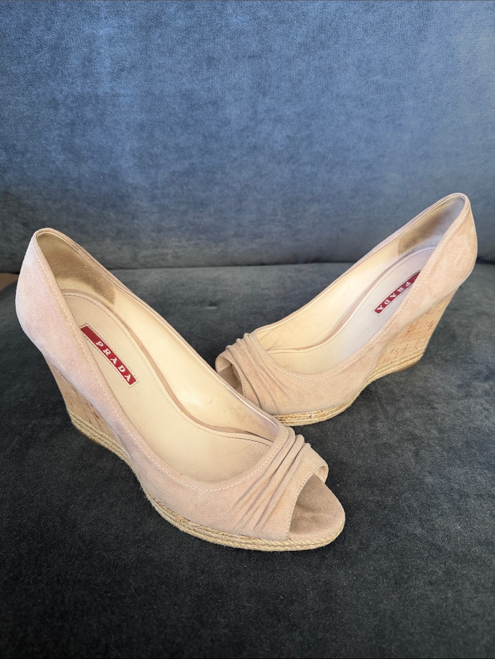 Prada Nude Suede Peep-Toe 105mm (4in) Cork Wedges Sz US9.5 (EU40.5)